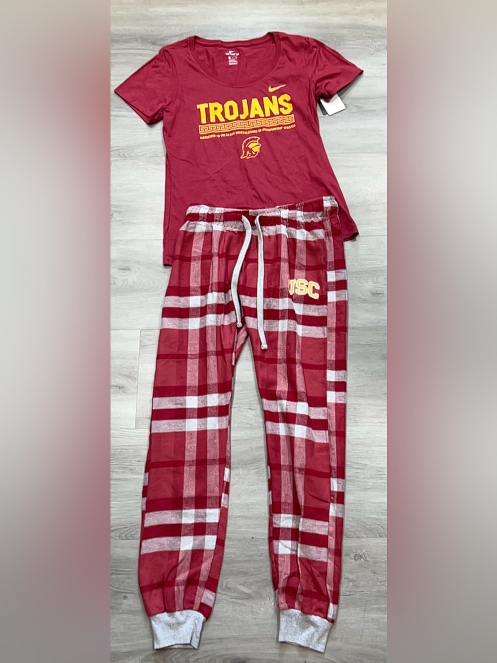 Nike USC Trojans Top & Camp David Plaid Lounge Pajama Pants Set Womens Size S M